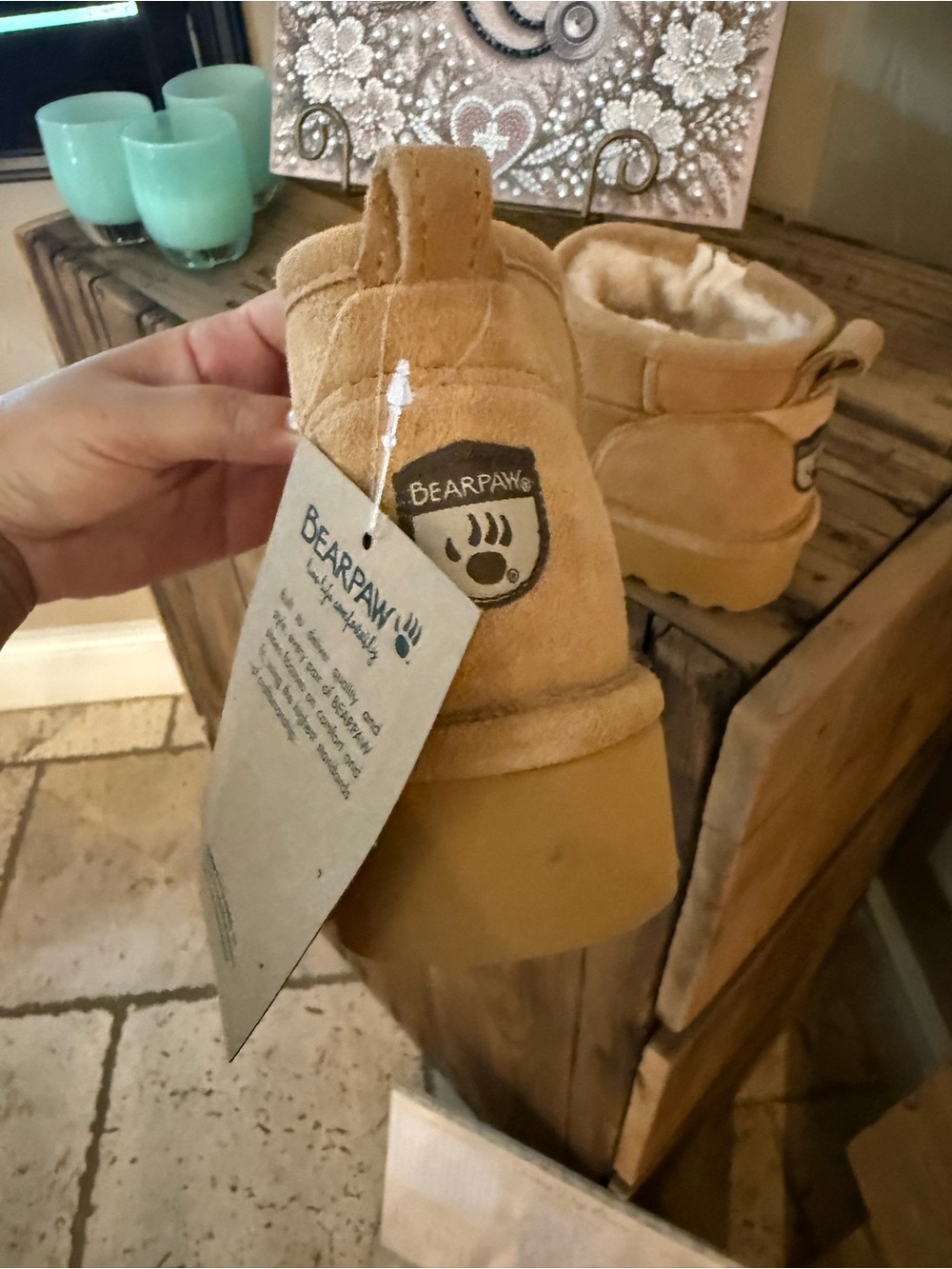 BearPaw Kids Tan Suede Slip-On Booties with Plush Lining